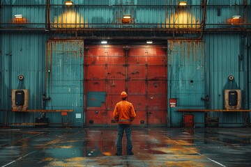 A well-dressed man stands alone on the busy city street, his gaze fixed on the imposing metal door of the abandoned building before him, the cold concrete ground beneath his feet mirroring the uncert