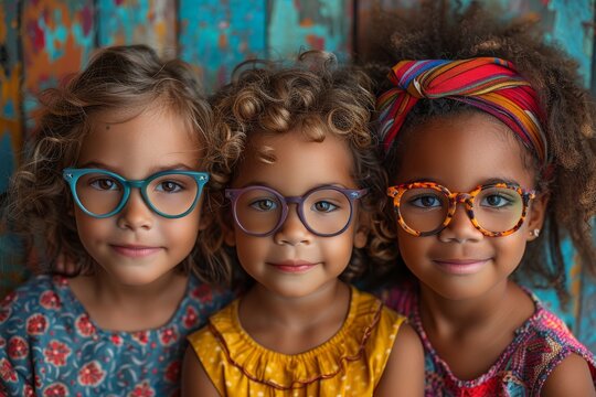 A joyful group of stylish young girls, adorned with trendy eyewear, beam with contagious smiles as they pose alongside a charming boy and toddler, showcasing their unique fashion sense and love for a