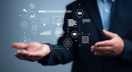 Digital marketing commerce online sale concept.Businessman using computer for analysis SEO Search Engine Optimization Marketing Ranking Traffic Website Internet Business Technology Concept.