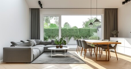 A Modern Apartment's Living Room Adorned with an Empty Grey Couch and a Matching Coffee Table