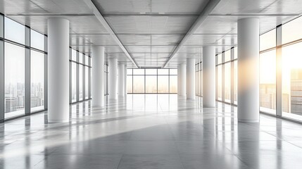 Obraz premium A Vacant Office Bathed in White, Featuring Sturdy Columns and a Grey Concrete Base, Brightened by Sunlight