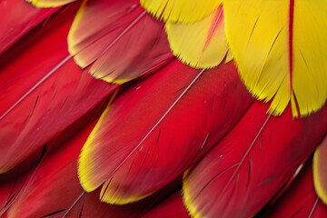Exotic feathers closeup in red and yellow.