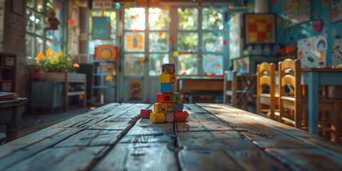 A vibrant cityscape is brought to life with a playful display of wooden building blocks atop a table in an indoor furniture setting