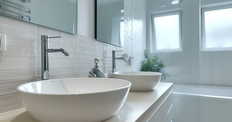 Fototapeta na wymiar A Sleek Bathroom Interior with a Sink, Mirror, and Bathtub Against White Walls