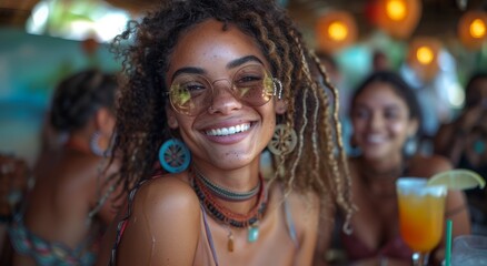A woman radiates joy as she enjoys a refreshing drink at an outdoor party, her smiling face capturing the essence of fun and carefree revelry - obrazy, fototapety, plakaty