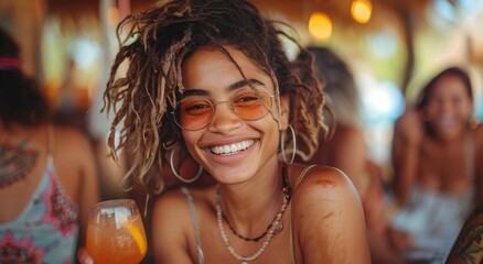 A radiant woman enjoying the outdoors with a drink in hand, exuding happiness and confidence as she showcases her stylish clothing and infectious smile to the camera