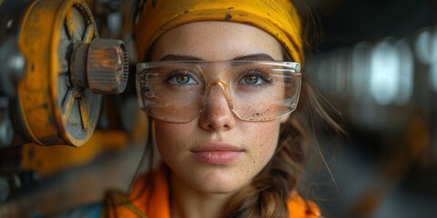 A vibrant woman gazes confidently through her orange-tinted glasses, her yellow hat and goggles adding a touch of whimsy to her stylish indoor portrait - obrazy, fototapety, plakaty