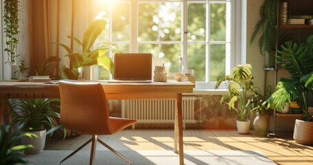 Tranquil Work Haven - A Modern Home's Workspace with Wooden Accents and Technology Illuminated by Generous Sunlight