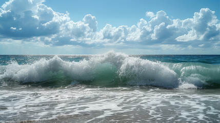 Large Wave Crashing onto Sandy Beach with Mist