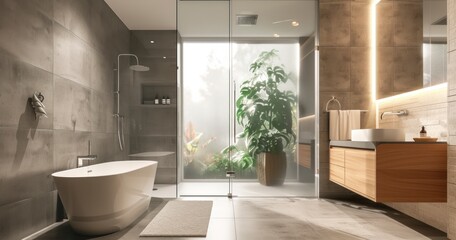 Fototapeta na wymiar A Sleek Bathroom Layout with a Luxurious Walk-In Shower and Wall-Mounted Sink