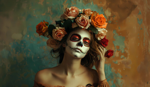 Colorful makeup and attire at a traditional celebration in Mexico. Beautiful woman. Day of the Dead. The concept of the holiday. Cover for banner, brochure, flyer.