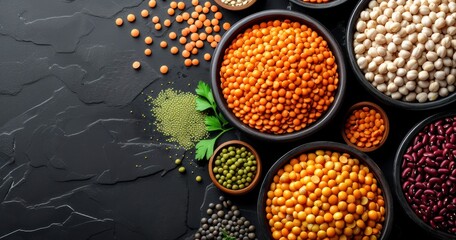 A Bird's-Eye View of Mixed Bowls of Legumes, Lentils, Chickpeas, and Beans Spread on a Stone Table - obrazy, fototapety, plakaty