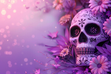Naklejka premium Mexican skulls in the style of San Miguel de Allende, Mexico, Day of the Dead holiday concept. Cover for banner, brochure, flyer. With space for text. 
