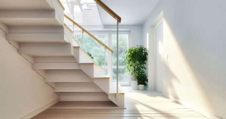 The Chic Interior of a Modern Staircase with White Steps and Wooden Rails Against a Luminous Window