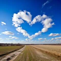 Fototapeta na wymiar Landscape on the road where heart-shaped clouds form on the day of love and friendship and Valentine's Day