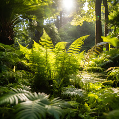 A verdant wonderland: thriving garden of lush greenery illuminated by natural sunlight