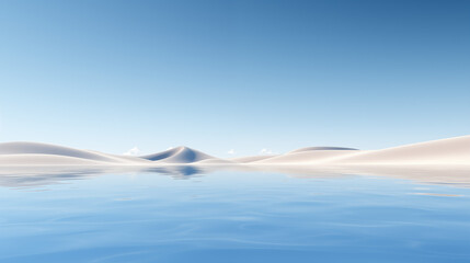 Tranquil Desert Dunes Reflected on Calm Water Against a Clear Blue Sky