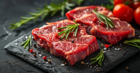 An Array of Raw Meat, Featuring Pork and Beef Steaks, Embellished with Exquisite Spices