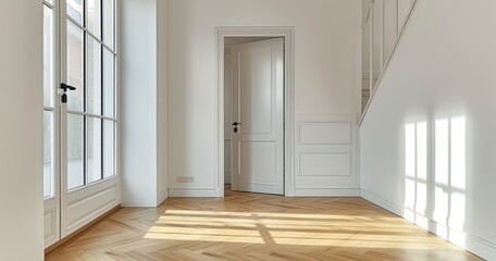 An Empty Room with Warm Wood Flooring and Bright White Walls, Offering Passage to Another Room