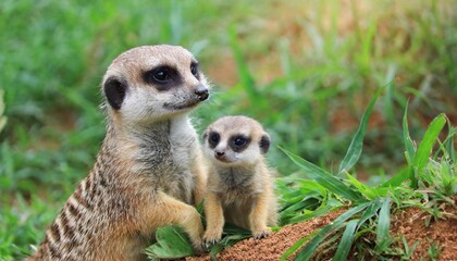 Fototapeta premium Meerkat mom and her baby suricata