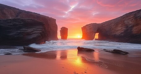 A stunning sunset bathes with warm light, showcasing its majestic cliffs and serene shore
