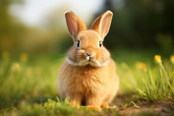 A bright-eyed, fluffy brown rabbit sits in the grass, surrounded by greenery and yellow flowers, looking directly at the camera in the sunlight.