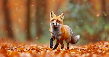 Obraz premium Red fox running in orange autumn leaves. Beautiful animal in the nature habitat. Wildlife scene from the wild nature