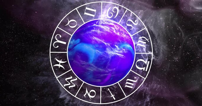 Animation of circle with zodiac symbols over globe on black background