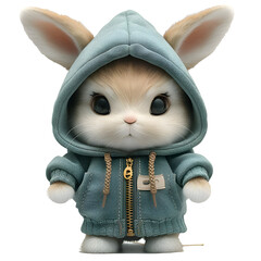 A 3D cartoon render of a cute rabbit in a green hooded sweatshirt with a zipper.