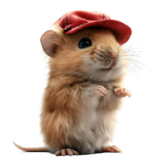 A 3D animated cartoon render of a fluffy hamster wearing a red baseball cap.