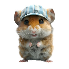 A 3D animated cartoon render of a smiling hamster with a blue baseball cap.