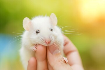 A gentle hand cradles a small white rat, its curious eyes and delicate features showcased against a vibrant, softly blurred background of green and yellow.