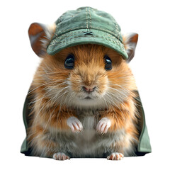 A 3D animated cartoon render of a playful hamster with a green baseball cap.