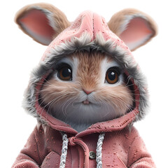 A 3D cartoon render of a bunny with floppy ears in a pink hoodie with a fluffy hood.