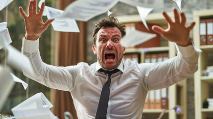 stressed out office worker freaks out throwing paper and files