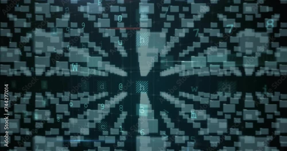 Poster animation of files icons with padlock and data processing on black background