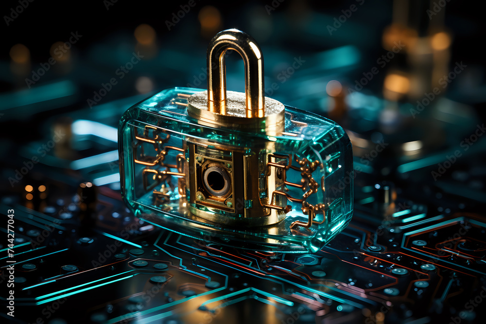 Poster digital security concept: a transparent padlock on a circuit board symbolizes cybersecurity and data