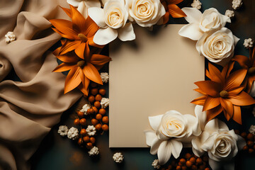 Elegant Floral Composition with Space for Text.

An artistic arrangement of white and orange flowers with room for custom messages, ideal for invitations and elegant branding.