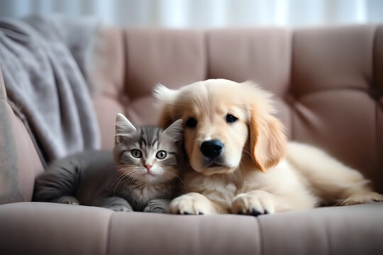 Cozy Kitten and Puppy Duo on Couch.

An endearing kitten and puppy pair resting together, perfect for pet companionship, animal care, and cozy home life themes.