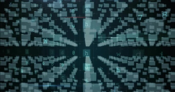 Animation of files icons with padlock and data processing on black background