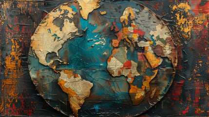 Fragmented Texture World Map on Dark Background - obrazy, fototapety, plakaty