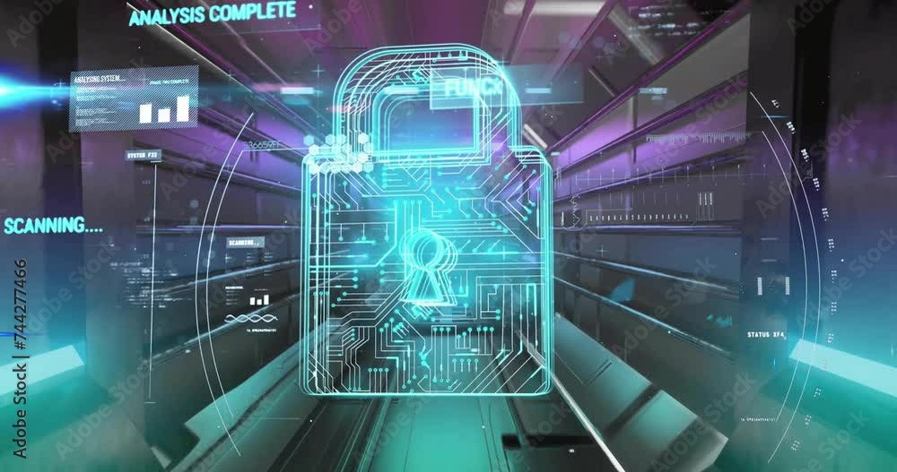 Poster animation of padlock icon and data processing over digital tunnel
