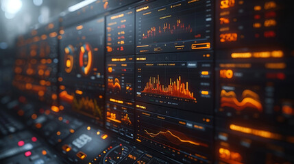 A virtual dashboard with multiple tabs and graphs displaying realtime financial data and analysis tools. This image portrays the use of technology in the decisionmaking process - obrazy, fototapety, plakaty