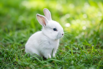A small white bunny with bright blue eyes sitting in green grass, looking curiously to the side.