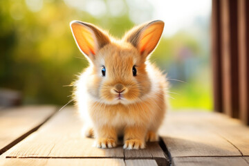 A small, brown bunny with soft fur and big, bright eyes sits on a wooden surface, bathed in sunlight.