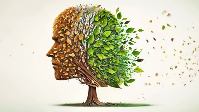 A tree losing leaves falling and turning brown, represents the concept of Alzheimer's disease. windy storm approaching gives a sense of impending loss or chaos.