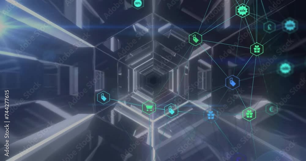 Poster animation of network of connections with icons over digital tunnel on black background