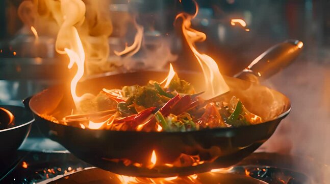 Flaming Stir-Fry Cooking with Broccoli and Peppers with AI generated.
 