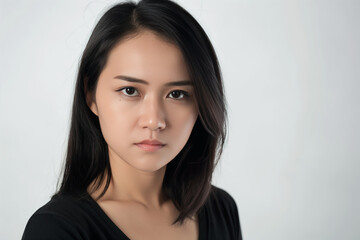 Obraz premium A headshot of a young woman with straight dark hair, wearing a black top, and looking intently at the camera with a serious expression.