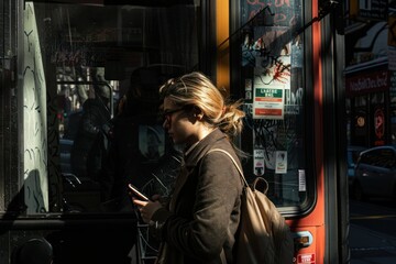 Fototapeta na wymiar Young woman texting on smartphone in urban shadows